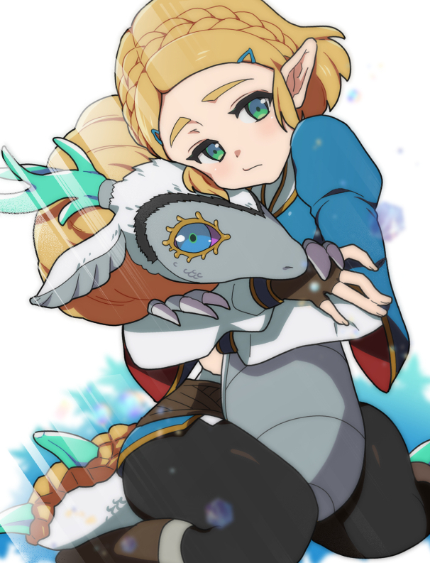 todono tumari, light dragon (zelda), princess zelda, nintendo, the legend of zelda, the legend of zelda: tears of the kingdom, 1girl, black pantyhose, blonde hair, blue eyes, blue shirt, boots, braid, brown boots, brown gloves, claws, closed mouth, colored sclera, crown braid, dragon, dragon horns, dual persona, fingerless gloves, gloves, gold trim, green eyes, hair ornament, hairclip, horns, light blush, light frown, pantyhose, parted bangs, pointy ears, purple sclera, shirt, short hair, sidelocks