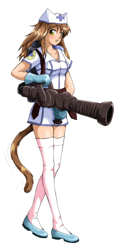 blu medic (tf2), medic (tf2), uvao-tan, 2ch.ru, iichan.ru, ru-chans, team fortress 2, 1girl, animal ears, animal hat, belt, blush, breasts, brown hair, cat ears, cat hat, cat tail, cleavage, crossed legs, dress, female focus, gloves, gun, hat, holding, long hair, looking at viewer, mascot, nurse, pink thighhighs, shoes, short dress, simple background, sitting, smile, solo, standing, tail, thighhighs, weapon, yellow eyes, zettai ryouiki