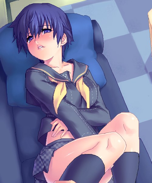 zen, shirogane naoto, atlus, persona, persona 4, blue eyes, blue hair, blush, checkered clothes, checkered floor, checkered skirt, couch, from above, pillow, school uniform, serafuku, short hair, skirt, solo