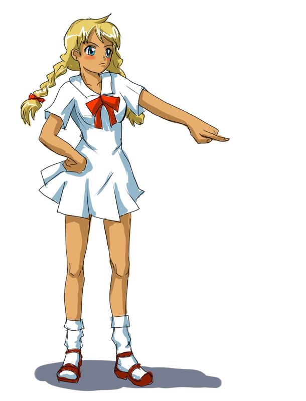 slavya-chan, 2ch.ru, artist request, 1girl, angry, blonde hair, blue eyes, blush, braid, dress, female focus, hand on own hip, hip focus, pointing, ribbon, sandals, shoes, socks, solo, twin braids