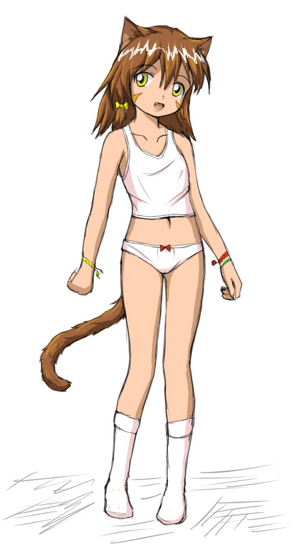 huyase, uvao-tan, 2ch.ru, iichan.ru, ru-chans, 1girl, animal ears, brown hair, cat ears, cat tail, female focus, loli, mascot, panties, ribbon, socks, solo, tail, underwear, yellow eyes