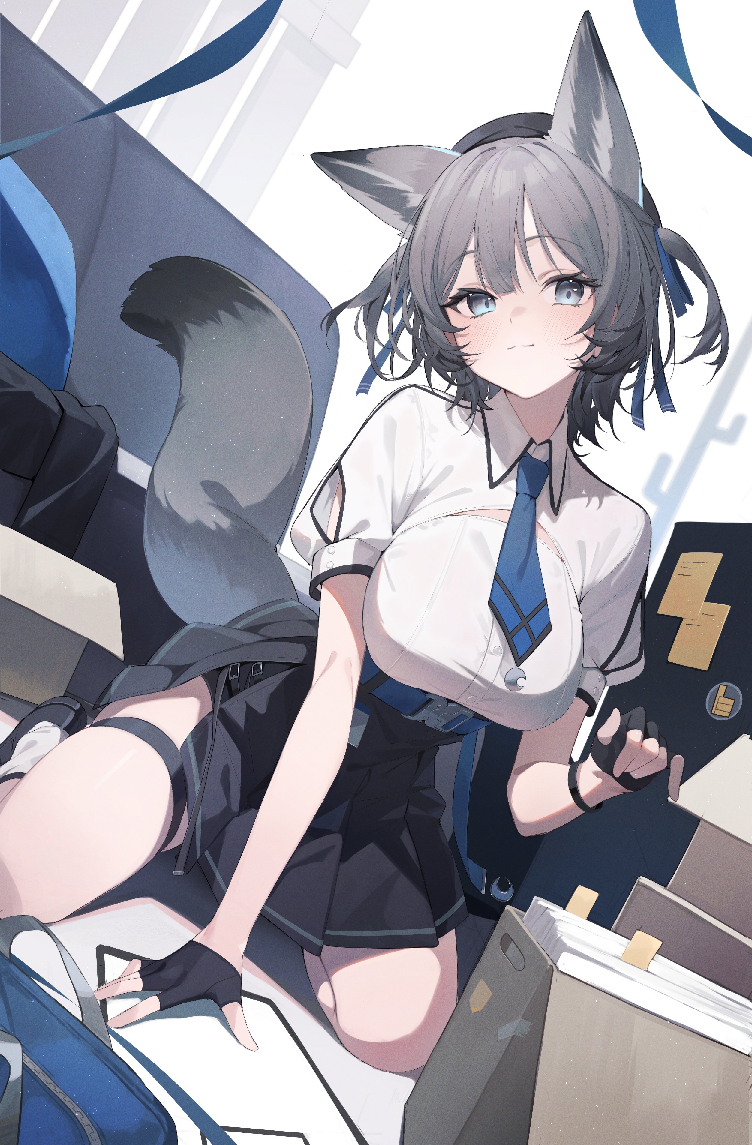 lumo 1121, original, commission, skeb commission, 1girl, animal ears, black skirt, breasts, fingerless gloves, gloves, grey hair, kneeling, large breasts, necktie, shirt, short hair, skirt, solo, tail, white shirt, wolf ears, wolf tail