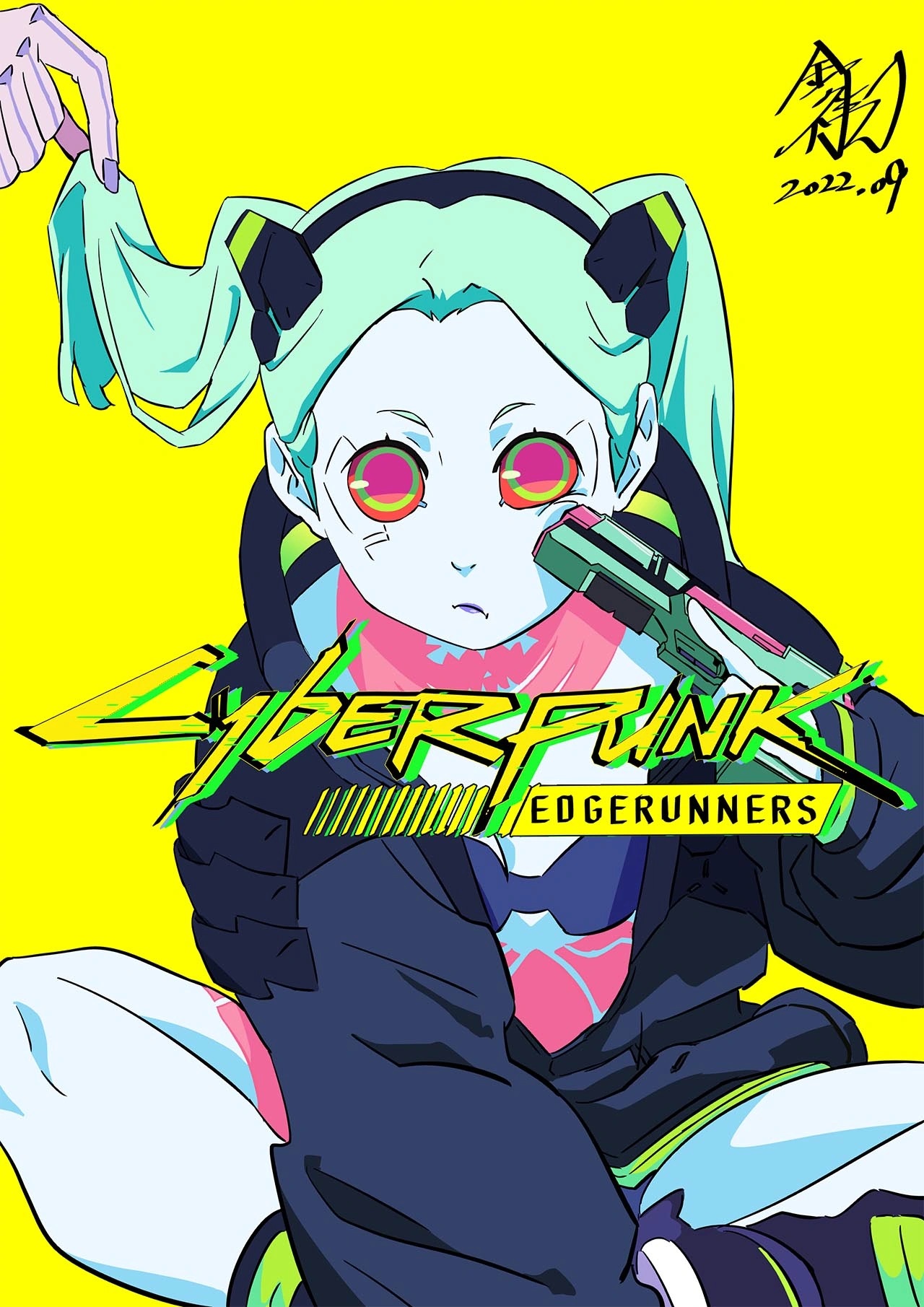 kaneko yoshiyuki, rebecca (cyberpunk), cyberpunk: edgerunners, cyberpunk (series), cyberpunk 2077, trigger (company), highres, non-web source, official art, translation request, 2022, 2girls, :/, aiming, bare legs, breasts, chest tattoo, cleavage, cyberpunk, dated, green hair, gun, handgun, holding, holding weapon, jacket, leg tattoo, looking at viewer, multiple girls, open clothes, open jacket, sitting, skirt, small breasts, tattoo, title, underwear, weapon, yellow background