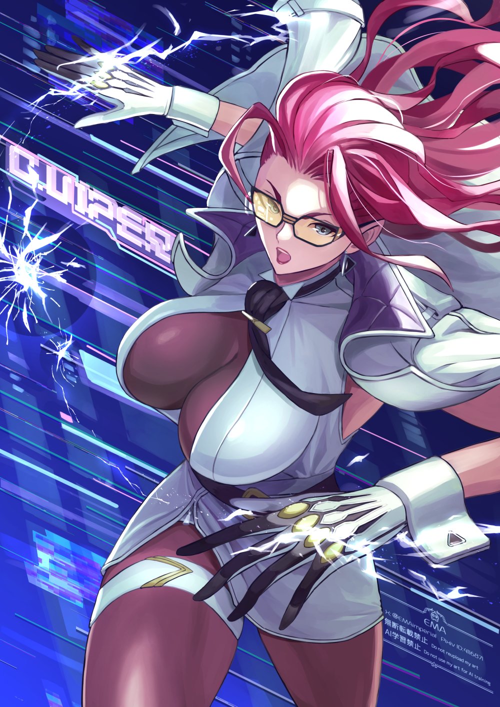 ema (emaura), crimson viper, capcom, street fighter, street fighter 6, 1girl, artist name, belt, belt buckle, black-framed eyewear, black belt, blue eyes, boots, breasts, brown pantyhose, buckle, character name, cleavage, female focus, gloves, jacket, large breasts, lightning, long hair, long sleeves, open clothes, open jacket, open mouth, pantyhose, pixiv id, pixiv username, red hair, solo, teeth, upper teeth only, white boots, white gloves, white jacket