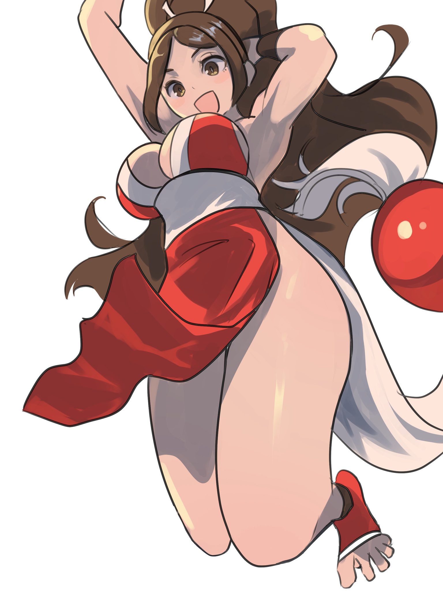 meke (77842928), shiranui mai, fatal fury, snk, 1girl, armpits, breasts, brown eyes, brown hair, female focus, high ponytail, japanese clothes, large breasts, long hair, matching hair/eyes, open mouth, pelvic curtain, ponytail, sash, solo, thighs, white background