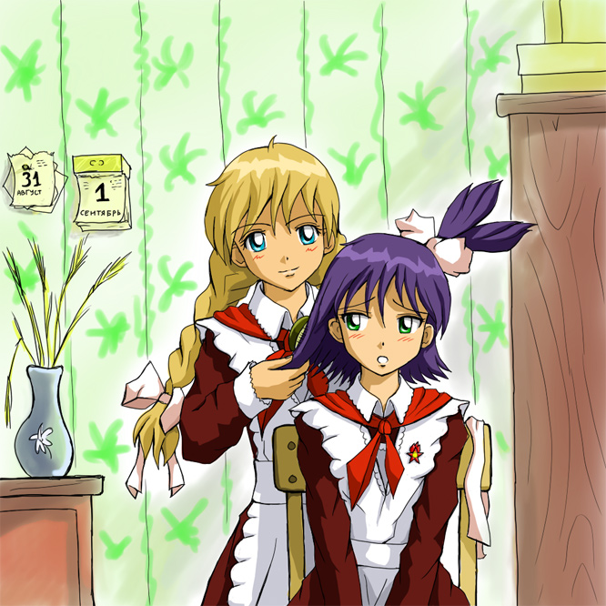 huyase, slavya-chan, unyl-chan, 2ch.ru, iichan.ru, original, translated, 2girls, apron, badge, blonde hair, blue eyes, blush, bouquet, braid, brushing another's hair, brushing hair, calendar, calendar (object), chair, cyrillic, dress, flower, green eyes, hair brush, long hair, maid, maid apron, mascot, multiple girls, necktie, open mouth, pioneer movement, pioneer neckerchief, purple hair, ribbon, russian text, school uniform, serafuku, short hair, sitting, smile, soviet, soviet pioneer, styling hair, twin braids, twintails, vase, wheat, worried