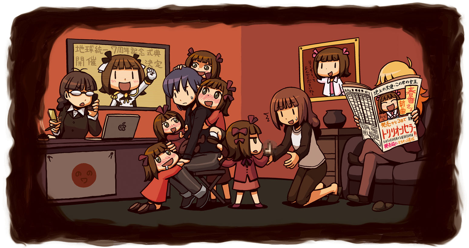 riyo (lyomsnpmp), akizuki ritsuko, amami haruka, hoshii miki, kisaragi chihaya, nonowa, idolmaster, idolmaster (classic), idolmaster 1, translation request, 00s, 6+girls, aged down, blush, cellphone, censored, computer, desk, fake censor, family, glasses, laptop, middle finger, military, military uniform, mosaic censoring, multiple girls, newspaper, phone, raglan sleeves, saliva, slippers