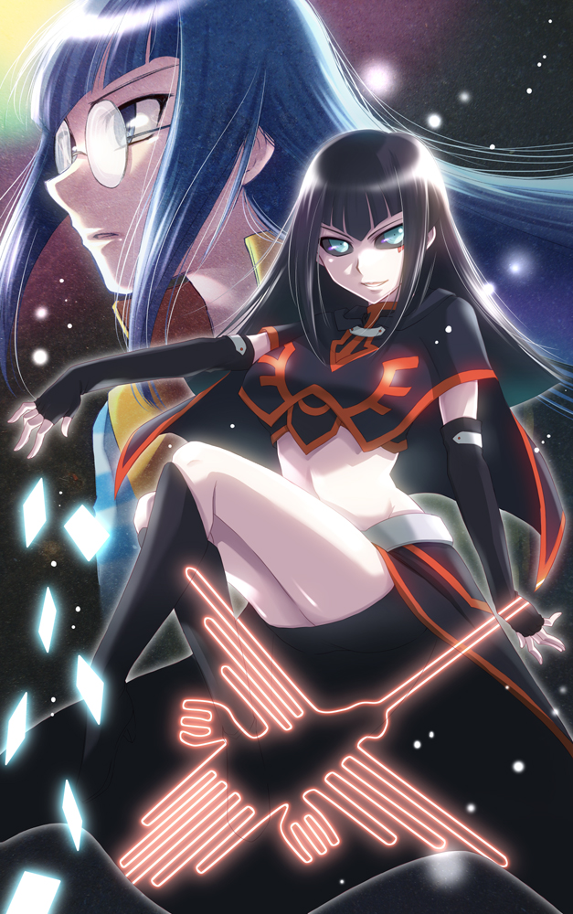 carly nagisa, yu-gi-oh!, yu-gi-oh! 5d's, 1girl, black gloves, black sclera, black shorts, black skirt, blue eyes, blue shirt, colored sclera, dark signer uniform, facial mark, female focus, fingerless gloves, glasses, gloves, multiple views, orange vest, parted lips, round eyewear, shirt, shorts, skirt, two-tone shirt, vest
