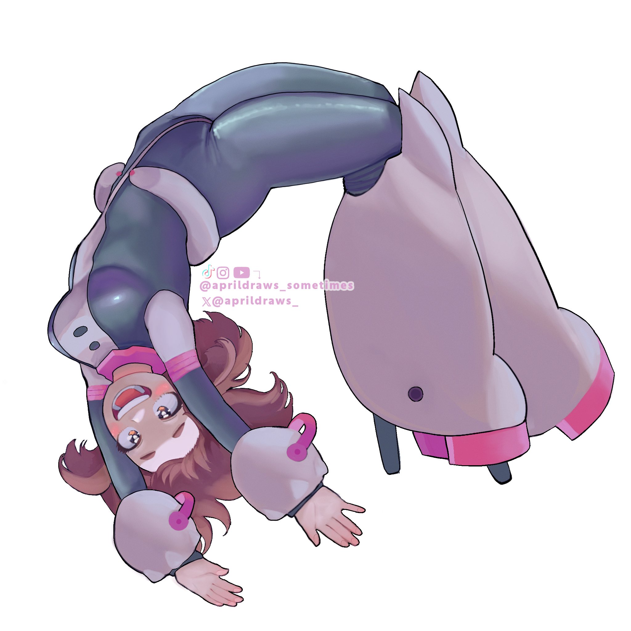 uraraka ochako, boku no hero academia, 1girl, aprildraws, artist name, black bodysuit, blush stickers, bodysuit, breasts, brown eyes, brown hair, female focus, instagram logo, looking at viewer, matching hair/eyes, open mouth, pink bodysuit, short hair, skin tight, smile, solo, superhero costume, teeth, tiktok logo, twitter username, twitter x logo, uraraka ochako (hero outfit), white background, white bodysuit, youtube logo