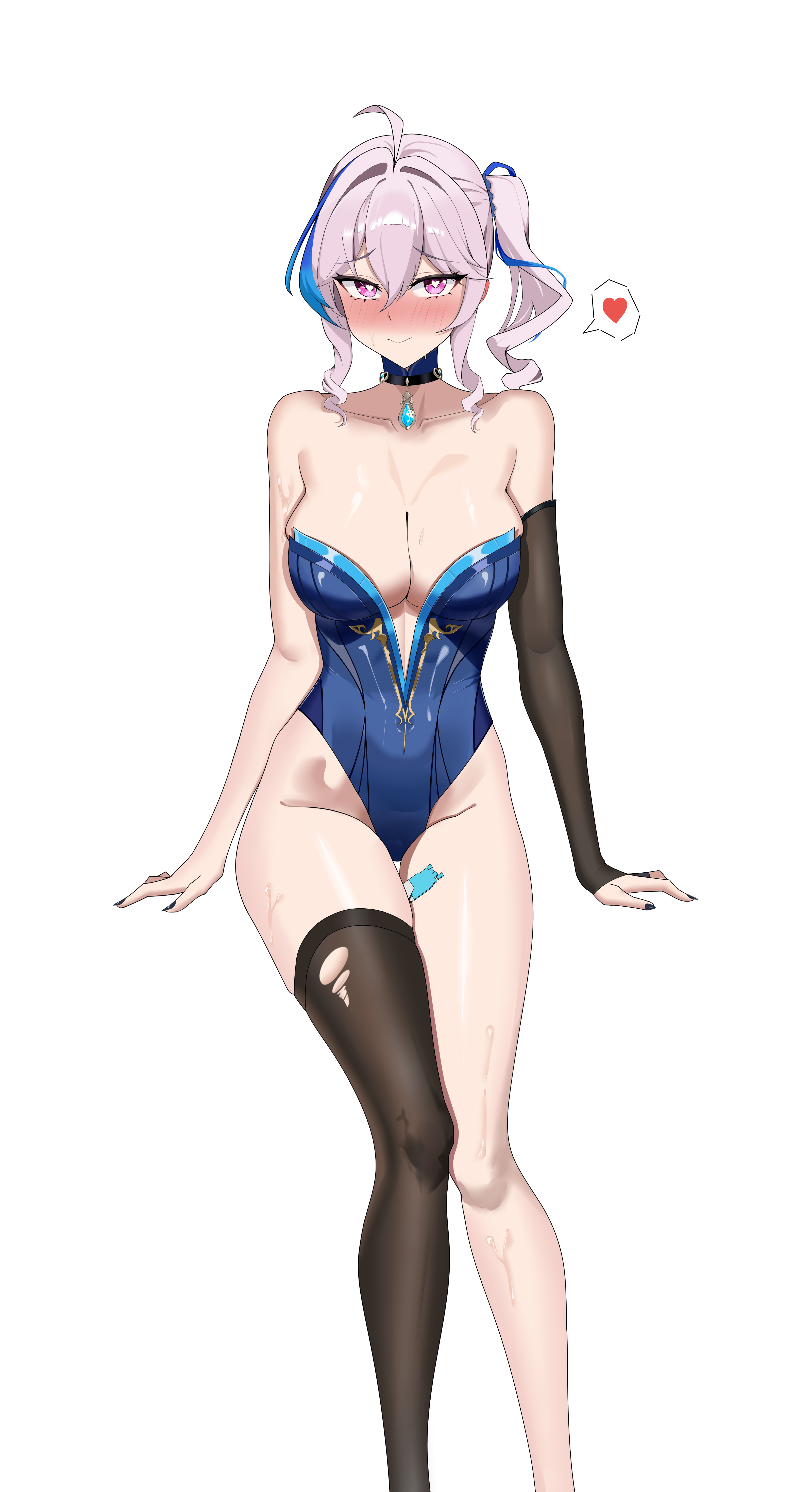 rain sorrow, kanami (azure specter) (strinova), kanami (strinova), strinova, absurdres, highres, 1girl, ahoge, arm warmers, arms at sides, asymmetrical legwear, bare shoulders, between legs, blonde hair, blush, breasts, choker, cleavage, collarbone, embarrassed, hair between eyes, hair intakes, hair ribbon, heart, heart-shaped pupils, highleg, large breasts, looking at viewer, multicolored hair, nail polish, pink eyes, revealing clothes, ribbon, side ponytail, sidelocks, simple background, sitting, solo, spoken heart, strapless, sweat, sweatdrop, symbol-shaped pupils, thick thighs, thighhighs, thighs, torn clothes, torn thighhighs, white background, white hair