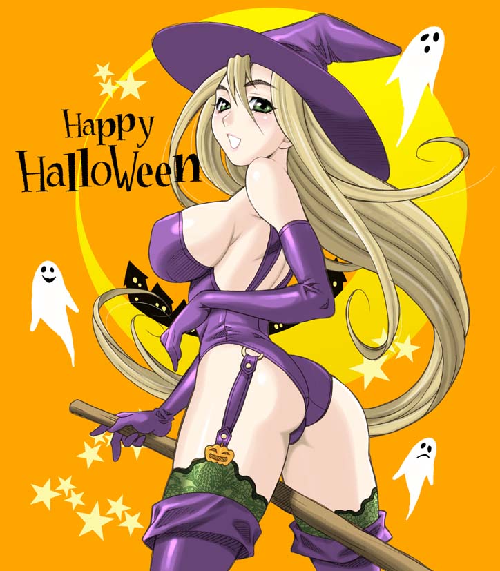 yukiyanagi, original, 1girl, ass, back, blonde hair, blush, boots, breasts, broom, broom riding, elbow gloves, female focus, garter belt, gloves, green eyes, halloween, happy halloween, hat, long hair, looking back, orange background, sideboob, solo, thigh boots, thighhighs, witch, witch hat