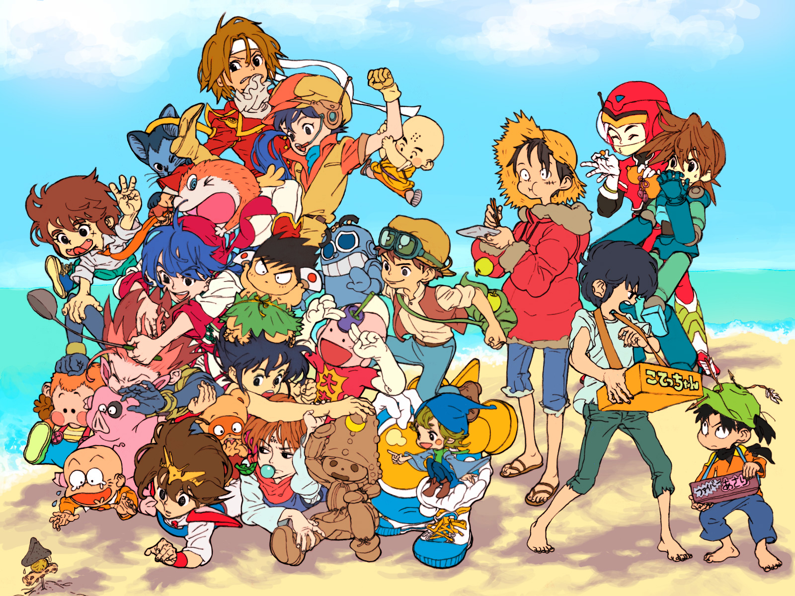 nasou, ninton, chibita, giovanni, giovanni (ginga tetsudou no yoru), kirishima kanna, koenma, koenma (yu yu hakusho), kuririn, mao (chuuka ichiban), mega man volnutt, mojako, mojara (mojakou), monkey d. luffy, papuwa (character), sakamoto kappei, tanaka mayumi, capcom, chuuka ichiban!, dash kappei, dragon ball, ginga tetsudou no yoru, konami, mega man (series), mega man legends (series), mojakou, one piece, osomatsu-kun, osomatsu (series), papuwa, ranma 1/2, sakura taisen, sega, twinbee, yuu yuu hakusho, 1980s (style), character request, highres, 6+boys, apple, bag, black hair, blouse, blue hair, blue hat, blue skin, brown hair, child, chopsticks, collared shirt, colored skin, cross scar, crossover, day, dougi, eating, everyone, falling leaves, folding fan, food, fruit, goggles, green hat, hand fan, hat, helmet, jacket, leaf, male focus, mini person, miniboy, multiple boys, multiple crossover, oldschool, orange hair, outdoors, retro artstyle, sandals, scar, shirt, shoulder bag, sleeves rolled up, spiked hair, standing, torn clothes, v-shaped eyebrows, voice actor, voice actor connection, white shirt, yellow hat