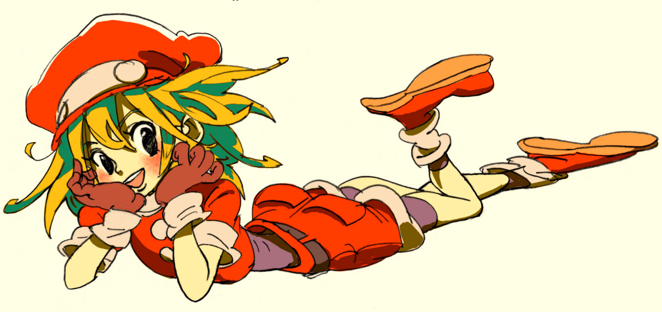 nasou, ninton, roll caskett (mega man), capcom, mega man (series), mega man legends (series), 1girl, belt, blonde hair, blush, female focus, gloves, hat, newsboy cap, red shorts, shorts, simple background, solo, white background