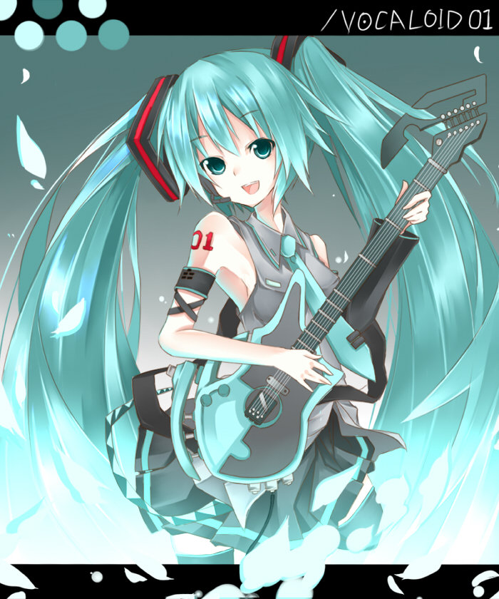 sasaki kouhei, hatsune miku, vocaloid, bad id, bad pixiv id, aqua eyes, aqua hair, detached sleeves, guitar, instrument, long hair, microphone, necktie, solo, thighhighs, twintails, zettai ryouiki