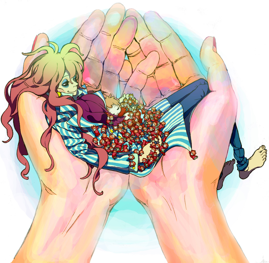nasou, ninton, fujimoto, grandmanmare, ponyo, ponyo sisters, gake no ue no ponyo, studio ghibli, striped, bad id, bad pixiv id, 00s, baby, chibi, child, giant, giantess, in palm, long hair, male focus, mini person, minigirl