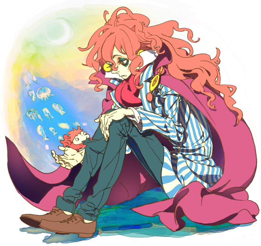 nasou, ninton, fujimoto, ponyo, gake no ue no ponyo, studio ghibli, striped, bad id, bad pixiv id, 00s, 1boy, cape, child, long hair, male focus, solo