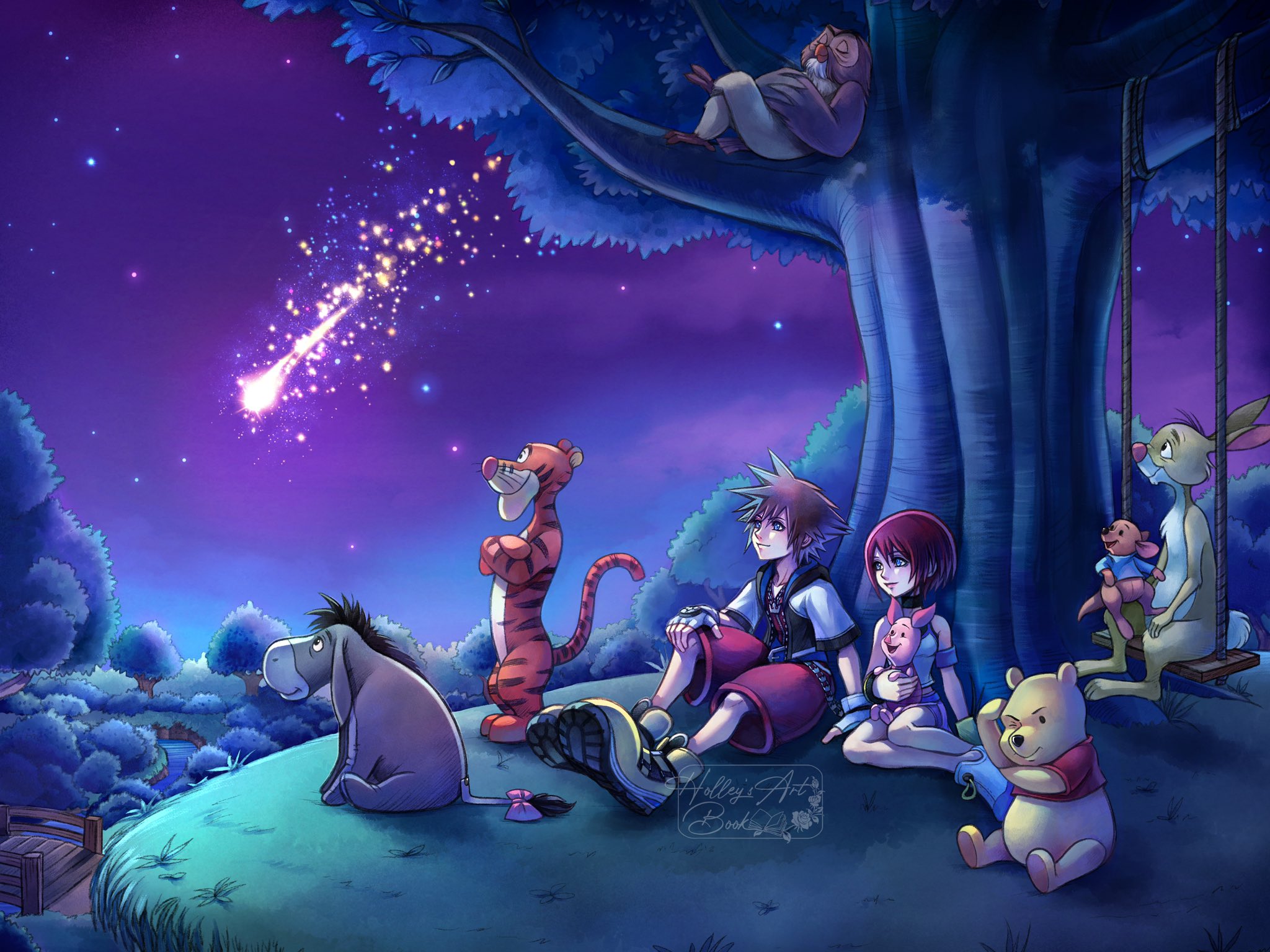 hollypolllyy, eeyore, kairi (kingdom hearts), owl (winnie the pooh), pooh, rabbit (winnie the pooh), sora (kingdom hearts), tigger, kingdom hearts, winnie the pooh, highres, 1boy, 1girl, armband, bare shoulders, bear, bird, blue eyes, blue shirt, bow, bridge, brown hair, camisole, chain, chain necklace, closed eyes, cropped jacket, crossed arms, crossed legs, donkey, fingerless gloves, forest, full body, gloves, grass, hair between eyes, hand on own head, hand on own knee, in tree, jewelry, kangaroo, nature, necklace, night, night sky, one eye closed, open mouth, outdoors, owl, pig, piglet, pink bow, pink shorts, purple armband, rabbit, red hair, red shirt, red shorts, roo (winnie the pooh), shirt, shoes, shooting star, short hair, short sleeves, shorts, sitting, sitting on lap, sitting on person, sky, smile, spiked hair, tail, tail bow, tail ornament, tiger, tree, under tree, white camisole, white shoes, wooden bridge, yellow shoes