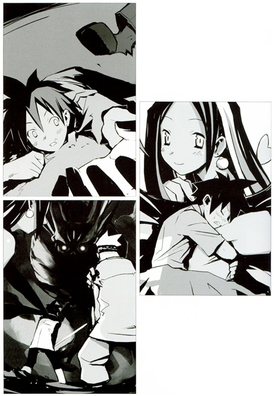 ash (phantom brave), haze (phantom brave), haze (phatom brave), jasmine (phantom brave), sulphur (phantom brave), phantom brave, 1girl, 2boys, clenched teeth, closed eyes, earrings, glowing, glowing eyes, greyscale, hugging object, jewelry, lying, monochrome, multiple boys, on stomach, outstretched arm, outstretched hand, pillow, pillow hug, reaching, smile, spiked hair, surprised, sword, teeth, weapon
