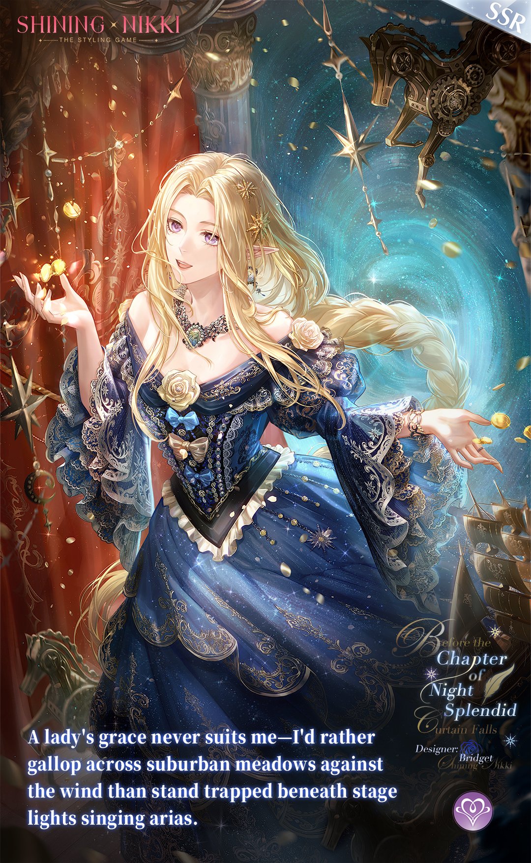 nikki (series), shining nikki, artist request, commentary, english commentary, highres, official art, second-party source, 1girl, bare shoulders, blonde hair, blue bow, blue dress, bow, bow button, braid, bridget (shining nikki), brooch, center frills, character name, coin, copyright name, curtains, dress, earrings, elf, english text, excerpt of dreams old (shining nikki), feet out of frame, flower, flower brooch, frilled dress, frills, gem, gold coin, gown, green gemstone, hair ornament, happy, indoors, jewelry, juliet sleeves, lace-trimmed sleeves, lace trim, light particles, logo, long dress, long hair, long sleeves, looking ahead, magic, mirror, model ship, necklace, off-shoulder dress, off shoulder, official alternate color, open mouth, pointy ears, portal (object), print dress, puffy sleeves, purple eyes, rose, sidelocks, single braid, smile, solo, stage, standing, star (symbol), star hair ornament, star print, very long hair, wide sleeves, yellow bow, yellow flower, yellow rose