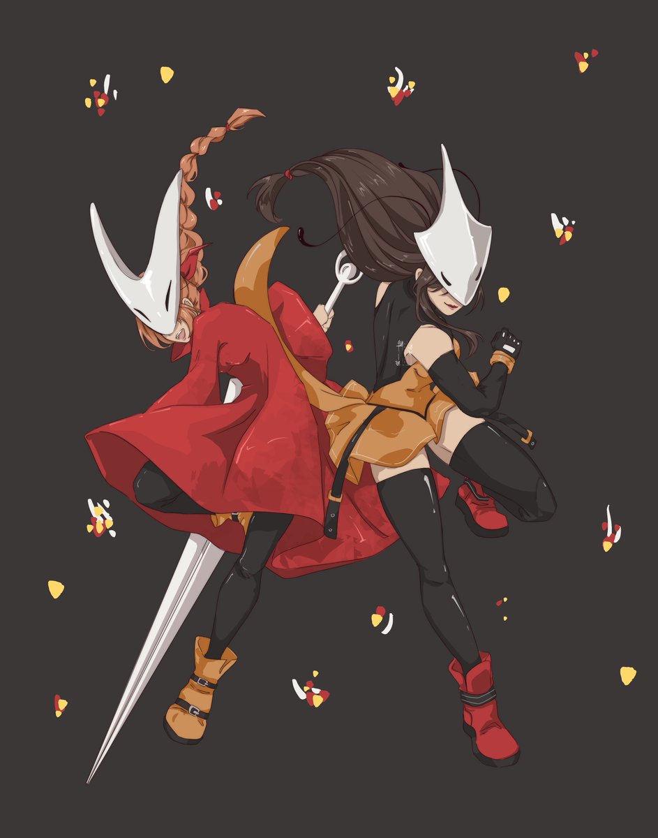 shanlieart, aerith gainsborough, hornet (hollow knight), shakra (hollow knight), tifa lockhart, final fantasy, final fantasy vii, highres, 2girls, bare shoulders, black background, black gloves, black hair, black pantyhose, black thighhighs, boots, braid, braided ponytail, breasts, brown boots, brown hair, cosplay, dress, elbow gloves, fighting stance, full body, gloves, hair ribbon, hair tie, hornet (hollow knight) (cosplay), long hair, low-tied long hair, mask, medium breasts, multiple girls, needle (hollow knight), needle sword, open mouth, orange dress, pantyhose, parted bangs, red boots, red ribbon, red robe, ribbon, robe, shakra (hollow knight) (cosplay), single braid, smile, thighhighs