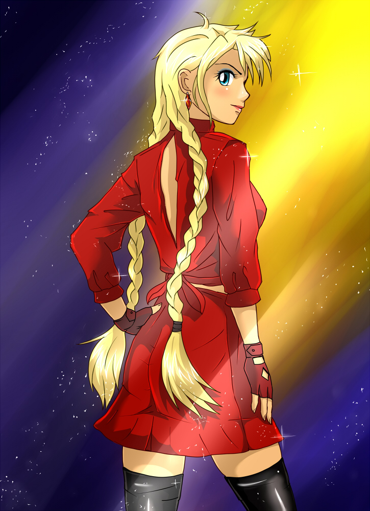 huyase, slavya-chan, 2ch.ru, iichan.ru, ru-chans, 1girl, back, black thighhighs, blonde hair, blue eyes, braid, earrings, eyeliner, female focus, fingerless gloves, gloves, jewelry, lipstick, long hair, looking back, makeup, skirt, solo, sparkle, thighhighs, twin braids