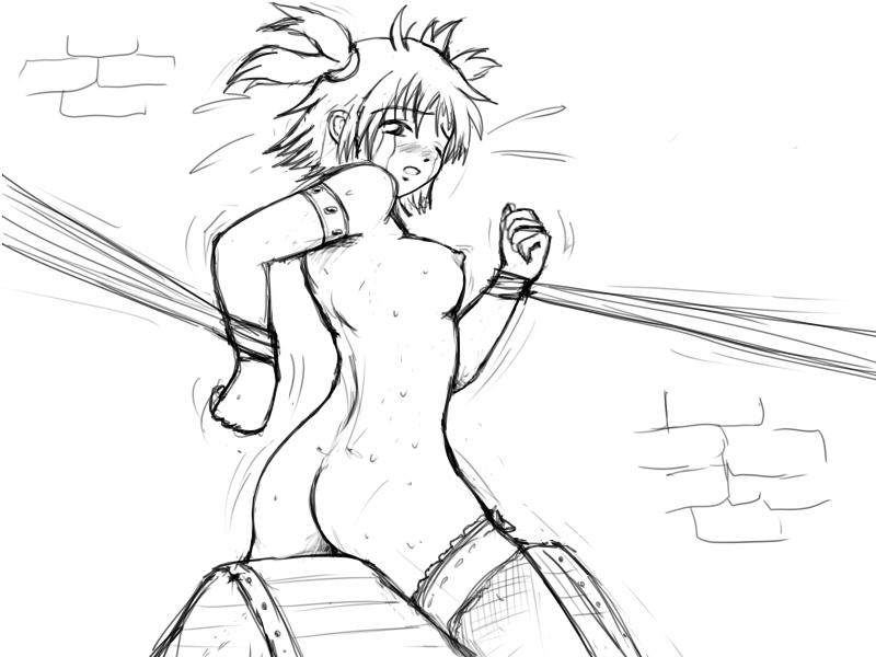 drawfag, unyl-chan, iichan.ru, 1girl, bdsm, bondage, bound, female focus, greyscale, monochrome, nipples, nude, solo, tears, thighhighs, wooden horse