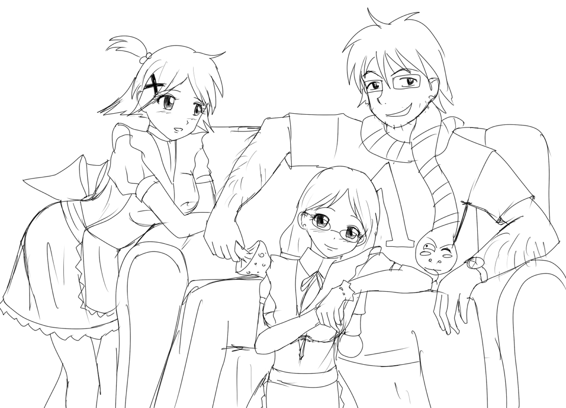 hai-tan, iie-tan, original, 1boy, 2girls, greyscale, monochrome, multiple girls, sketch
