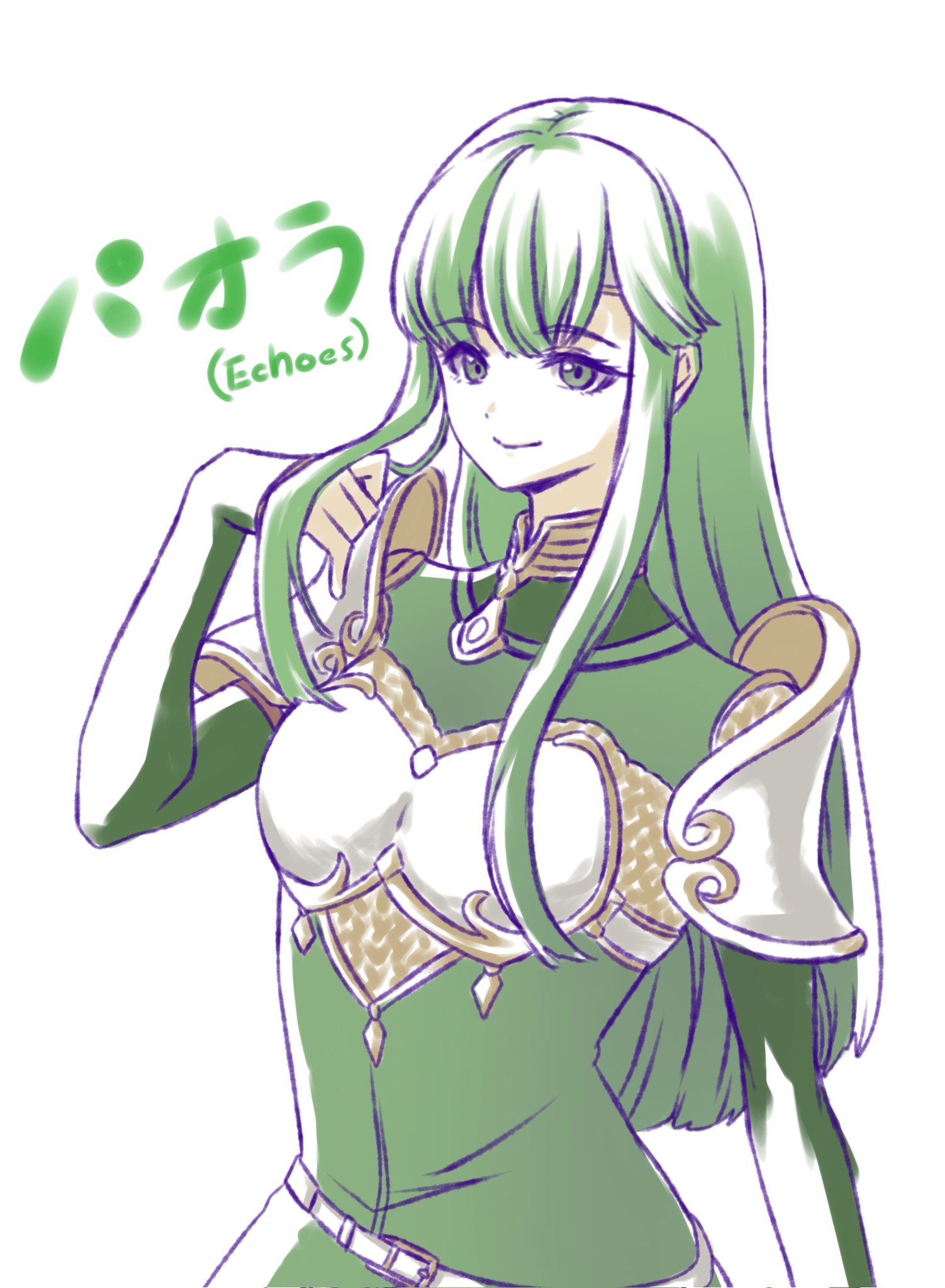 shiraha gcam, palla (fire emblem), fire emblem, fire emblem echoes: shadows of valentia, nintendo, highres, 1girl, armor, breastplate, closed mouth, dress, green dress, green eyes, green hair, long hair, long sleeves, looking at viewer, shoulder armor, sidelocks, smile, solo, upper body, white background