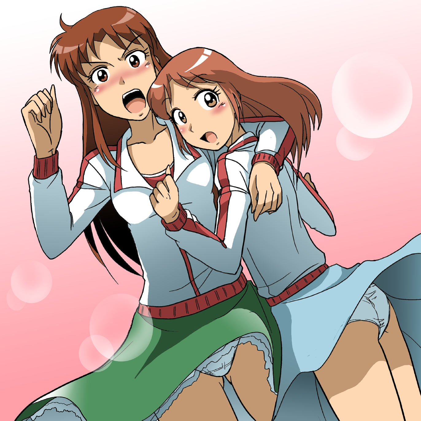 takaya n, aki akane (dash kappei), natsu kaori, dash kappei, highres, 2girls, brown hair, clothes lift, long hair, multiple girls, panties, skirt, skirt lift, underwear, wind, wind lift