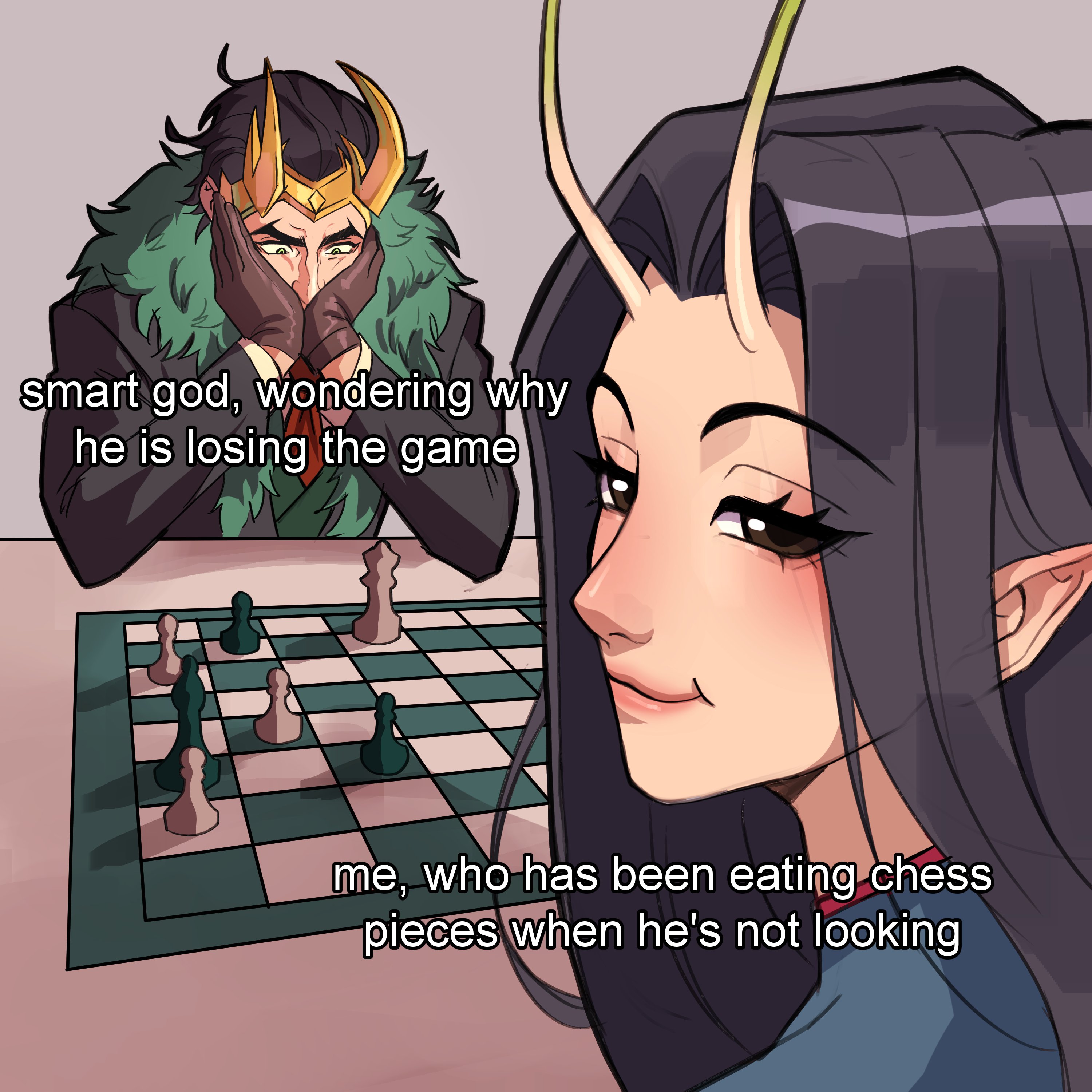 soapallo, loki (marvel), loki (presidential attire) (marvel), mantis (marvel), guardians of the galaxy, marvel, marvel rivals, absurdres, commentary, english commentary, highres, 1boy, 1girl, alien, antennae, black eyes, black hair, black jacket, board game, brown gloves, chess, chess piece, confused, eating the chess pieces (meme), english text, fake horns, gloves, green eyes, grey background, horned headwear, horns, jacket, looking back, meme, parted hair, pointy ears, upper body