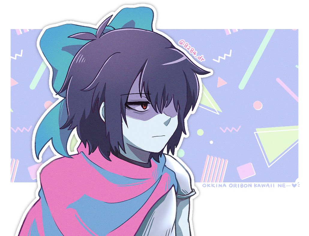 yatsuhashi (partyanthem), kris (dark world) (deltarune), kris (deltarune), deltarune, utdr (toby fox), commentary, symbol-only commentary, 1other, antenna hair, armor, arms at sides, bags under eyes, blue bow, blue scarf, blue skin, border, bow, circle, closed mouth, colored skin, film grain, frown, grey armor, hair bow, hair over one eye, heart, jitome, looking to the side, one eye covered, other focus, outline, outside border, pink scarf, purple background, purple hair, red eyes, scarf, shaded face, short hair, shoulder armor, simple background, solo, square, triangle, twitter username, two-tone scarf, upper body, white border, white outline