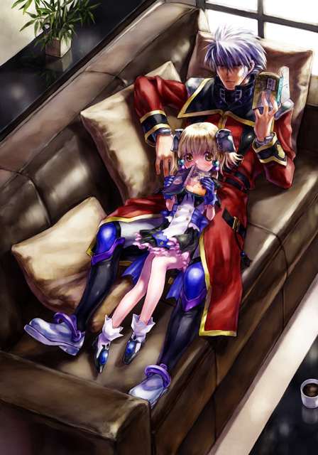 nakamura kanko, irui guneden, sanger zonvolt, banpresto, super robot wars, silver hair, age difference, blonde hair, blush, book, coffee, couch, gloves, long coat, lying, open book, pillow, plant, reading, yellow eyes