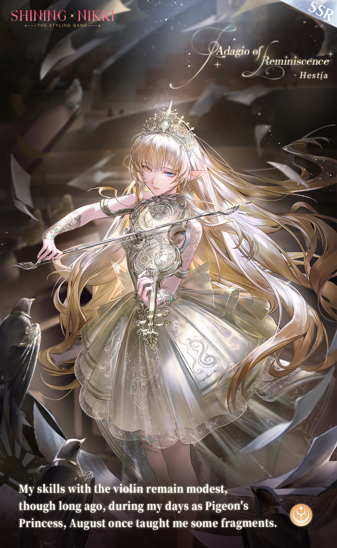 nikki (series), shining nikki, artist request, commentary, english commentary, highres, official art, second-party source, 1girl, adagio of reminiscence (shining nikki), animal, bird, blonde hair, blue eyes, bow (music), character name, copyright name, crown, dark, dress, elf, english text, expressionless, eyelashes, feet out of frame, floating hair, gold crown, hair between eyes, hawk, hestia (shining nikki), heterochromia, holding, holding bow (music), holding instrument, holding violin, indoors, instrument, light particles, logo, long hair, looking at viewer, medium dress, music, parted lips, playing instrument, pleated dress, pointy ears, sheet music, sleeveless, sleeveless dress, solo, spotlight, stage, standing, theater, train (clothing), very long hair, violin, wavy hair, white arm warmers, white dress, yellow eyes