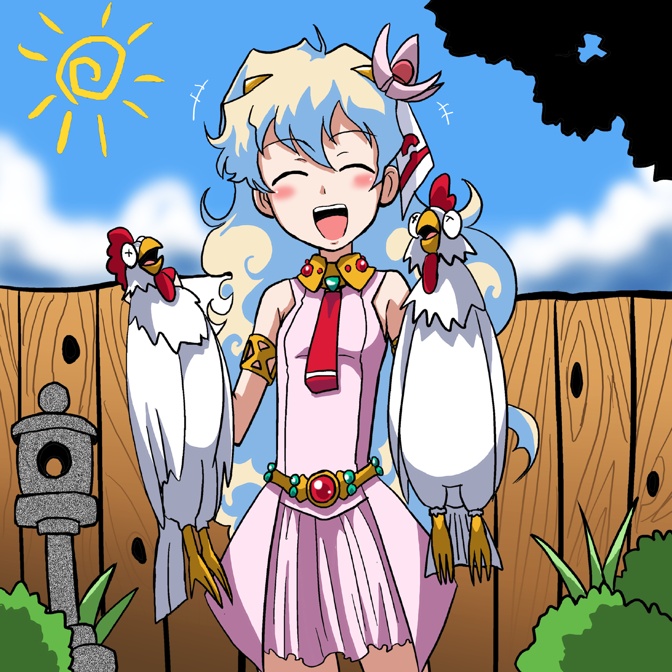 takaya n, nia teppelin, tengen toppa gurren lagann, highres, 00s, animal, aqua hair, bird, blush, chicken, closed eyes, happy, long hair, smile, solo