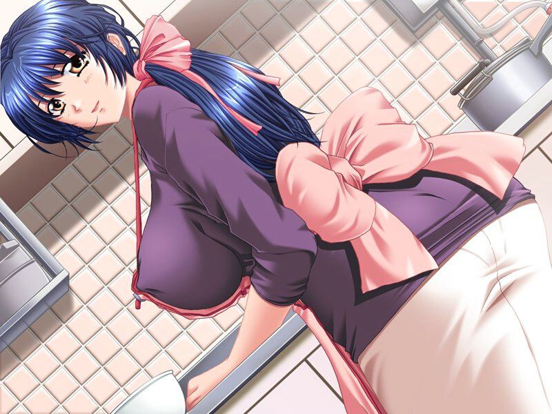 ishihara souka, shimai tsuma, aiba nanako, 13cm, anata to mita sakura, game cg, jpeg artifacts, 1girl, apron, ass, blue hair, breasts, brown eyes, covered erect nipples, dutch angle, female focus, hip focus, housewife, huge breasts, impossible clothes, impossible shirt, indoors, kitchen, long hair, looking back, mature female, pantylines, shirt, sideboob, solo, tile wall, tiles