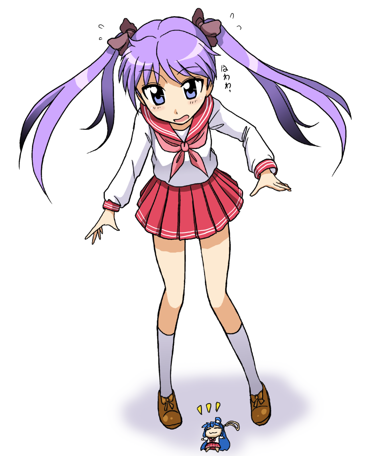 takaya n, hiiragi kagami, izumi konata, lucky star, highres, 00s, giant, giantess, mini person, minigirl, purple hair, school uniform, serafuku, twintails