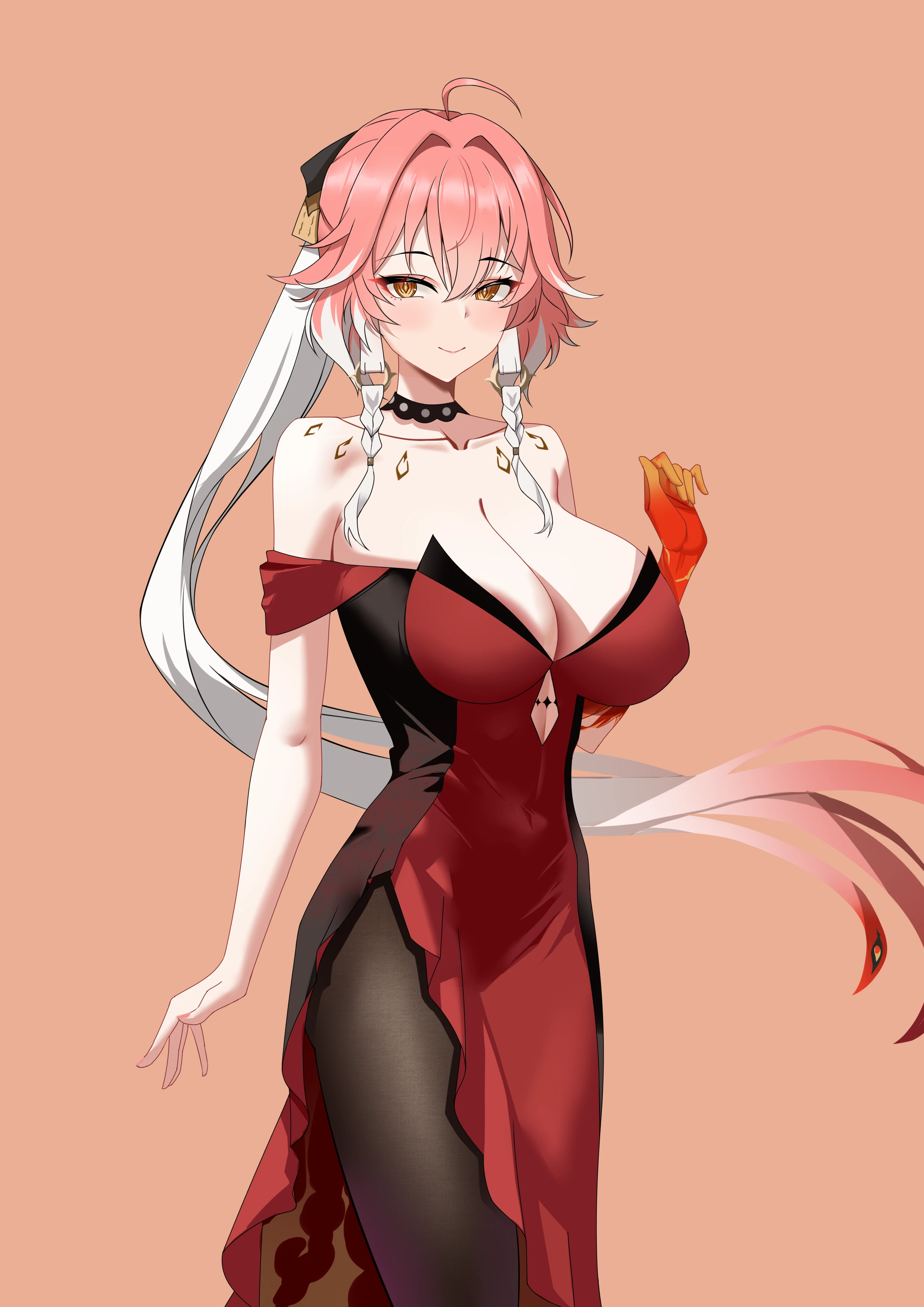 rain sorrow, changli (wuthering waves), wuthering waves, absurdres, highres, 1girl, ahoge, arm warmers, bare shoulders, braid, breasts, choker, cleavage, clothing cutout, collarbone, cutout above navel, dress, hair intakes, large breasts, long hair, looking at viewer, multicolored hair, off shoulder, orange eyes, pantyhose, pink hair, ponytail, side braid, sidelocks, simple background, smile, solo, strapless, strapless dress, tacet mark (wuthering waves), white hair