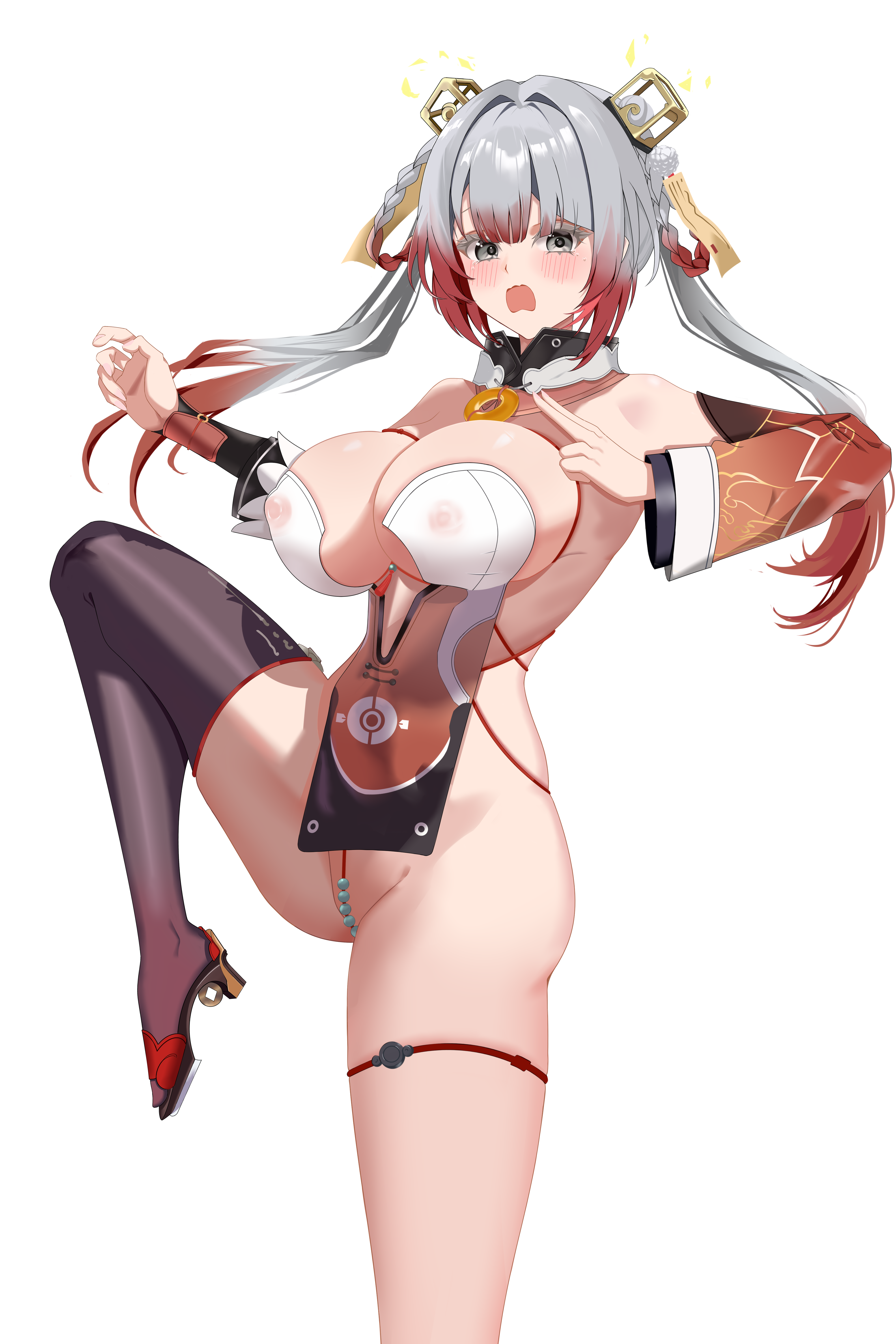 rain sorrow, snowbreak: containment zone, absurdres, character request, highres, 1girl, ass, bare shoulders, blunt bangs, blush, braid, breasts, cleavage, detached collar, detached sleeves, grey eyes, grey hair, hair ornament, hands up, high heels, huge breasts, knee up, large breasts, long hair, looking at viewer, multicolored hair, nipples, one leg raised, open mouth, red hair, revealing clothes, side braid, sideboob, sidelocks, simple background, solo, standing, standing on one leg, surprised, thick thighs, thigh strap, thighs, twintails, white background