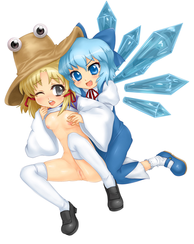 reni, cirno, moriya suwako, touhou, 2girls, blonde hair, blue hair, breasts, female focus, hat, loli, multiple girls, nipples, nude, one eye closed, pussy, ribbon, short hair, small breasts, thighhighs, wings, wink