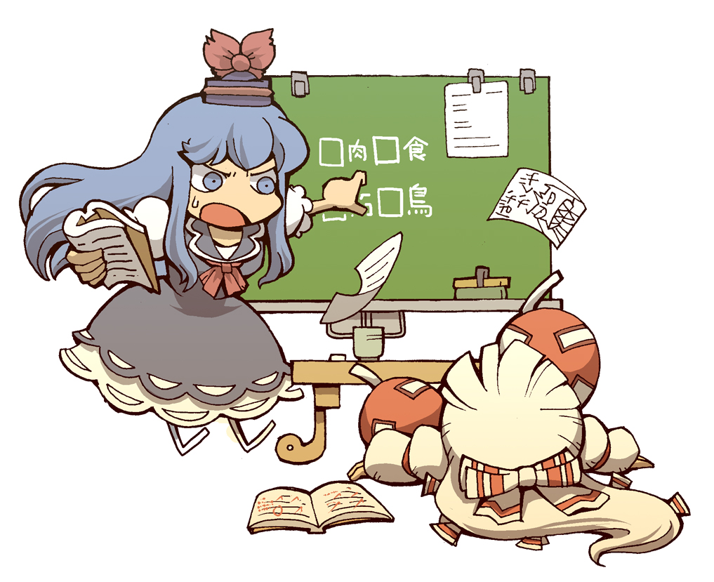 hounori, fujiwara no mokou, kamishirasawa keine, touhou, silver hair, bad id, bad pixiv id, 2girls, angry, blue hair, chalkboard, chibi, female focus, hat, long hair, multiple girls, ribbon, teacher