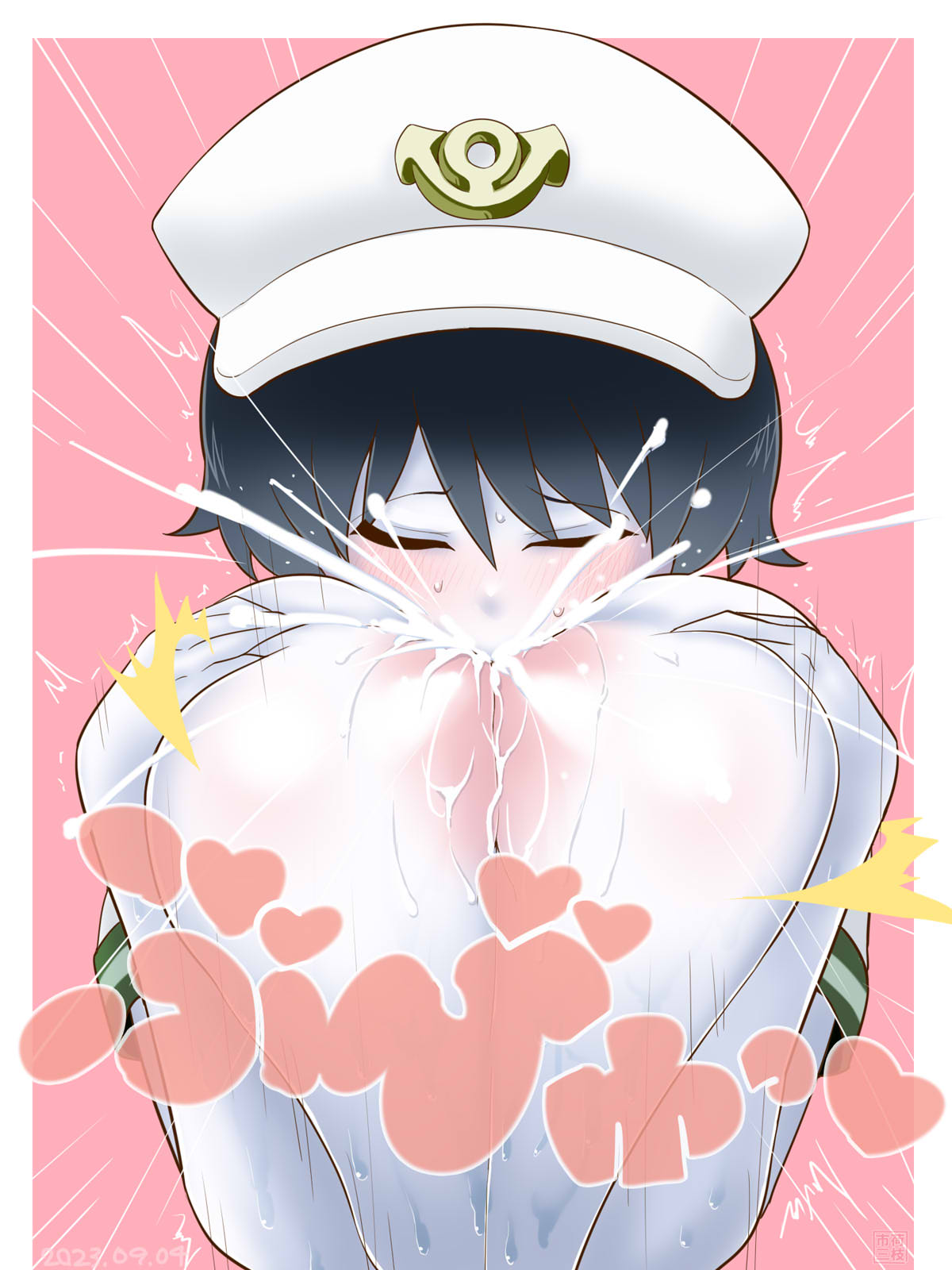itini-sanshi, milk (cookie), murasa minamitsu, cookie (touhou), touhou, commentary request, highres, 1girl, anchor symbol, black hair, blush, breast sucking, breasts, closed eyes, hat, lactation, large breasts, pink background, projectile lactation, short hair, short sleeves, solo, sucking own breasts, two-tone background, upper body, white background, white hat