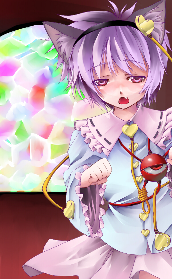 kurokuro, komeiji satori, touhou, bad id, bad pixiv id, 1girl, animal ears, cat ears, cat girl, fang, female focus, pink hair, short hair, solo, standing