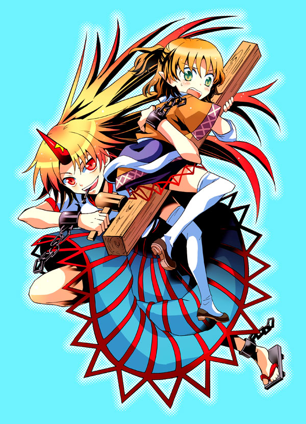 taki tarou, takitarou, hoshiguma yuugi, mizuhashi parsee, touhou, bad id, bad pixiv id, 2girls, blonde hair, chain, female focus, hammer, horns, log, long hair, multiple girls, pointy ears, ponytail, short hair, single horn