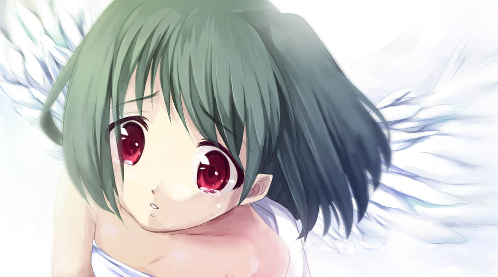 kimishima ao, ranka lee, macross, macross frontier, 00s, angel wings, green hair, red eyes, short hair, solo, wings