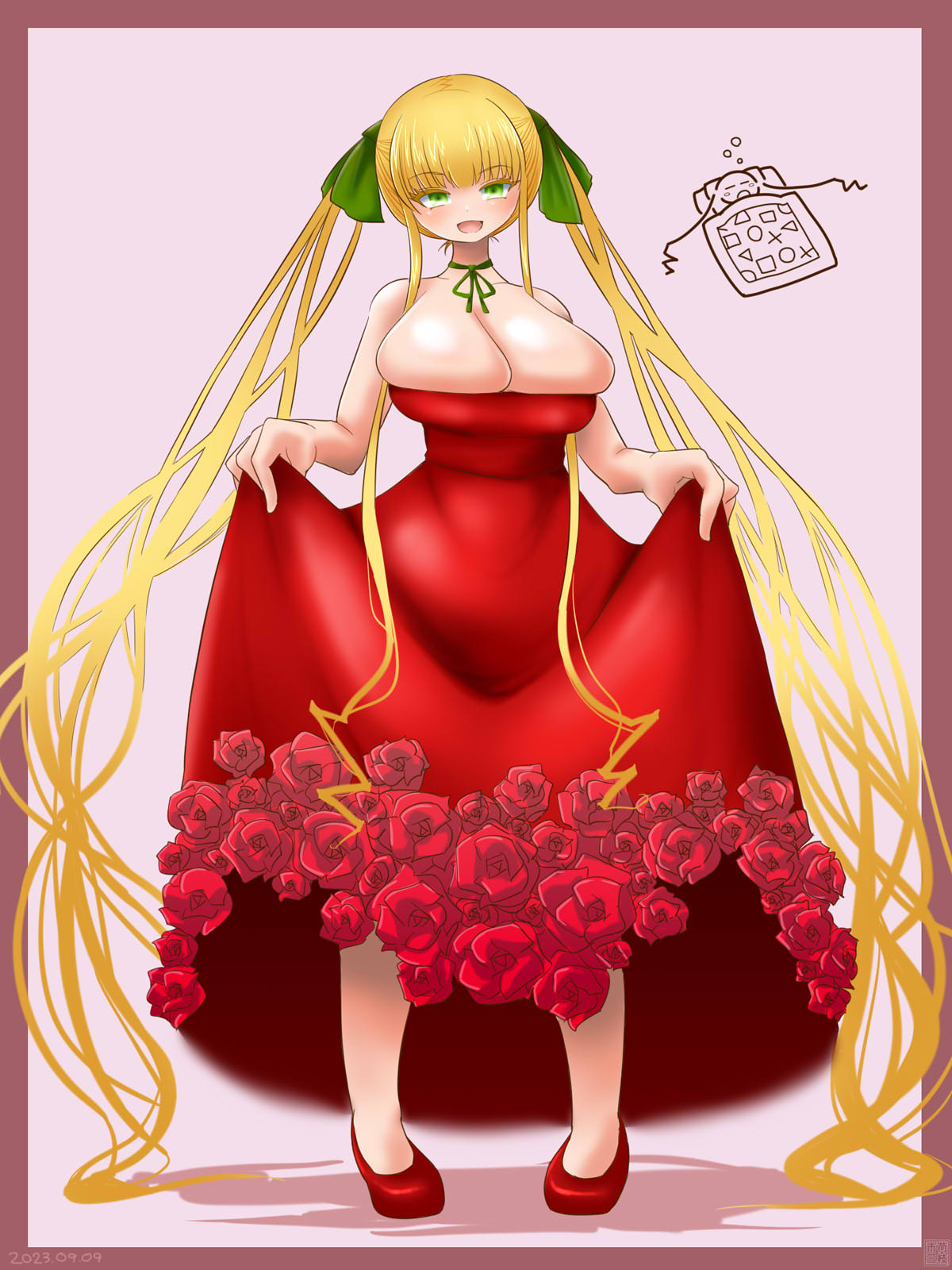 itini-sanshi, shinku, rozen maiden, commentary request, highres, 1girl, alternate breast size (larger), alternate costume, blonde hair, blunt bangs, blush, bow, breasts, brown background, choker, cleavage, curtsey, dated, dreaming, dress, drill hair, drill sidelocks, flower, full body, green bow, green choker, green eyes, hair bow, large breasts, long hair, looking at viewer, open mouth, red dress, red flower, red rose, red shoes, rose, shoes, sidelocks, smile, solo, strapless, strapless dress, twintails, very long hair