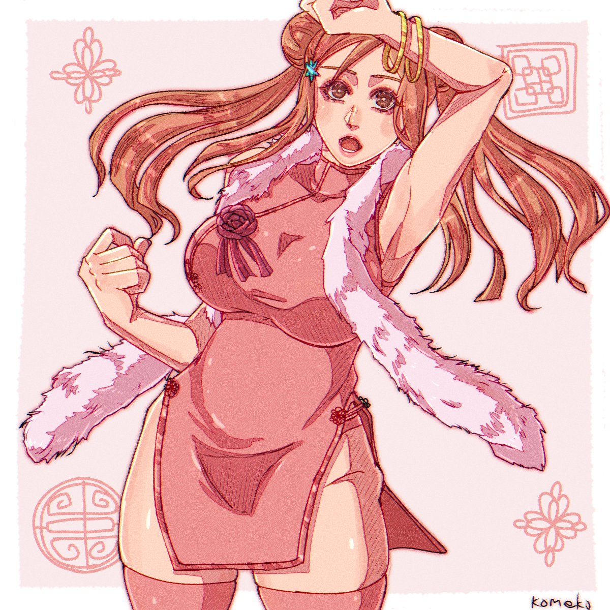 komeko (strikek-lvvjm27), inoue orihime, bleach, bleach: brave souls, highres, 1girl, arm above head, armpits, artist name, bangle, border, bracelet, breasts, brown eyes, brown hair, china dress, chinese clothes, clenched hands, double bun, dress, dress flower, flower, fur scarf, gold bracelet, grey background, hair bun, hair ornament, jewelry, large breasts, official alternate costume, open mouth, pelvic curtain, pink dress, pink thighhighs, red flower, sidelocks, skindentation, sleeveless, sleeveless dress, snowflake hair ornament, solo, thighhighs, thighs, twintails, white border