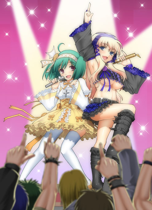 kotobuki utage, ranka lee, sheryl nome, macross, macross frontier, 00s, 2girls, blonde hair, blue eyes, breasts, detached sleeves, green hair, large breasts, legs, long hair, medium breasts, microphone, midriff, multiple girls, navel, red eyes, short hair, thighhighs, underboob, zettai ryouiki