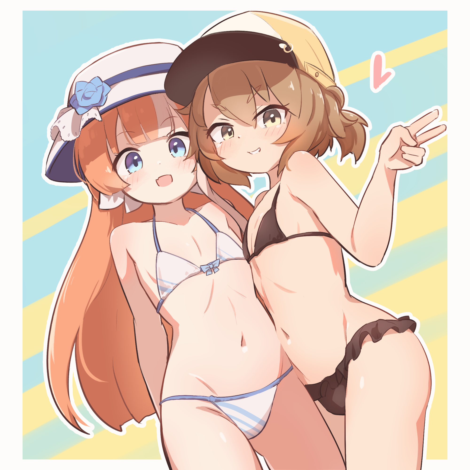 rotasu (rotasqqfv), akikawa yayoi (umamusume), satake mei, umamusume, commentary, highres, 2girls, arms behind back, baseball cap, bikini, black bikini, blue eyes, blush, border, bowler hat, brown eyes, brown hair, collarbone, cowboy shot, fang, flat chest, flower, hair between eyes, hair ornament, hat, heart, long hair, looking at viewer, medium hair, multicolored hair, multiple girls, navel, open mouth, orange hair, outline, skin fang, standing, streaked hair, striped background, sun hat, swimsuit, v, white bikini, white border, white hair, white outline, yellow hat