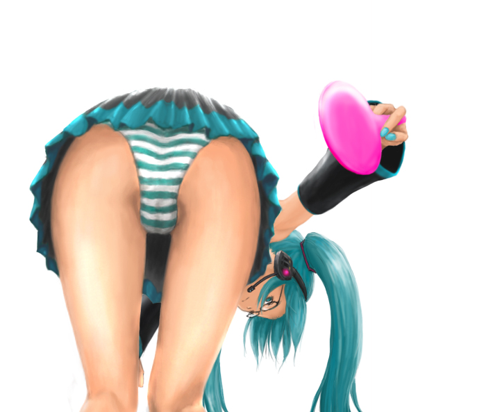 chairopen, hatsune miku, vocaloid, 1girl, aqua hair, ass, bent over, female focus, glasses, hand mirror, headset, looking back, mirror, panties, skirt, solo, striped clothes, striped panties, underwear
