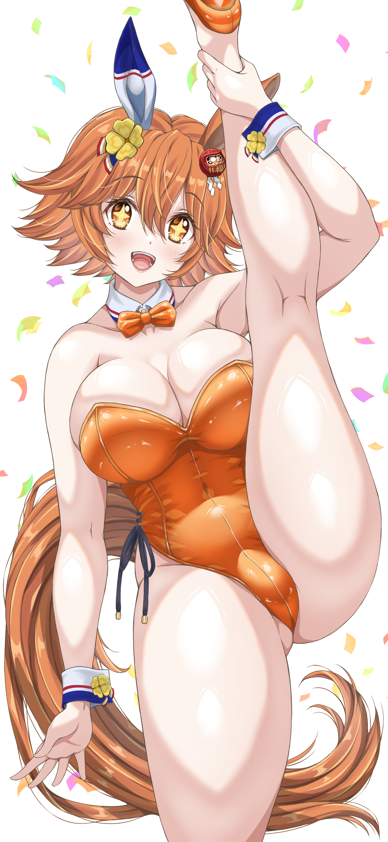 akiha (akiha ttt), matikanefukukitaru (umamusume), umamusume, absurdres, commentary request, highres, + +, 1girl, animal ears, armpits, bare shoulders, breasts, cleavage, clover hair ornament, collarbone, confetti, daruma doll, detached collar, ear covers, flipped hair, four-leaf clover hair ornament, groin, hair between eyes, hair ornament, high heels, highleg, highleg leotard, holding own leg, horse ears, horse girl, horse tail, kneepits, large breasts, legs, leotard, nontraditional playboy bunny, open mouth, orange eyes, orange hair, orange leotard, orange shoes, shoes, short hair, simple background, single ear cover, smile, solo, split, standing, standing on one leg, standing split, strapless, strapless leotard, tail, teeth, thighs, upper teeth only, white background, wrist cuffs